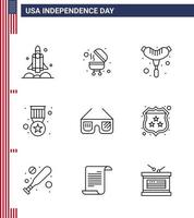 Happy Independence Day Pack mit 9 Zeilen Zeichen und Symbole für amerikanische Sonnenbrillen Lebensmittel Militärabzeichen editierbare usa Day Vektordesign-Elemente vektor