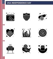 satz von 9 modernen soliden glyphen pack am usa unabhängigkeitstag gebäude usa armee lieben amerikanische editierbare usa tag vektor design elemente