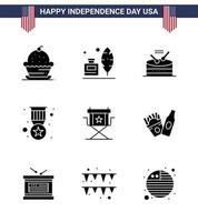 packung mit 9 usa unabhängigkeitstag feier solide glyphen zeichen und 4. juli symbole wie stuhlmedaille amerikanische abzeichen parade editierbare usa tag vektor design elemente