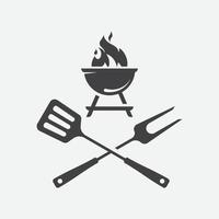 Grill mit Flammensymbol, Grillschild Fleisch- und Lebensmittelsymbol, Gabel und Pfannenwender Grillsymbol Symbol, Grillsymbol Vektor Illustration Zeichen