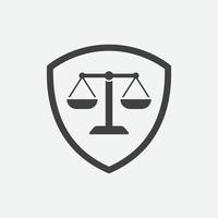 Anwaltskanzlei und Schildikone, einfaches Gesetzikonendesign mit Schild, Schildjustizikone, Waage der Gerechtigkeitsdesignillustration vektor