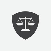 Anwaltskanzlei und Schildikone, einfaches Gesetzikonendesign mit Schild, Schildjustizikone, Waage der Gerechtigkeitsdesignillustration vektor