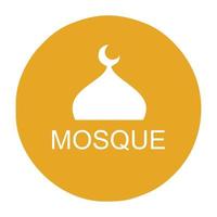 das Logo oder Symbol der weißen Moschee in einem orangefarbenen runden Schild. bearbeitbares Symbol für Moschee oder Gebetsraum. geeignet als Hinweisschild im Andachtsraum im öffentlichen Bereich oder auf Prospekten vektor