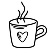 kopp av te av kaffe med hjärta. linje konst symbol för webb utskrift och applikationer. vektor illustration i klotter stil ritad för hand isolerat på de vit bakgrund.