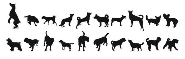 satz schwarzer silhouetten von hunden stehend, laufposition, packung von formen und figuren von haustieren handgezeichnet, weißer hintergrund, isolierter vektor