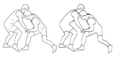 silhuett översikt idrottare brottare i brottning, duell, bekämpa. skiss linje teckning greco roman, freestyle, klassisk brottning. vektor
