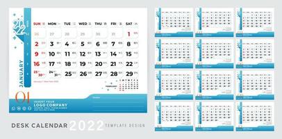 skrivbord kalender 2022 design mall med kinesisk kalender dag, datum. lutning blå minimal och rena layout. företags- design planerare mall. vecka börjar på söndag. uppsättning av 12 månader. redo för skriva ut vektor