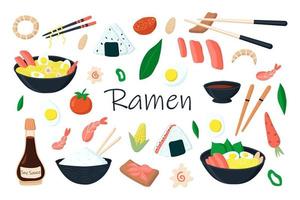 eine reihe von illustrationen von ramen und zutaten. Vektor-Illustration vektor