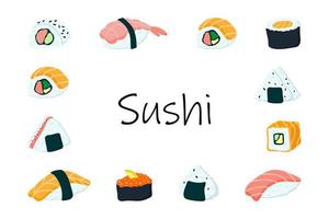 rektangulär ram med japansk sushi och rullar. vektor illustration