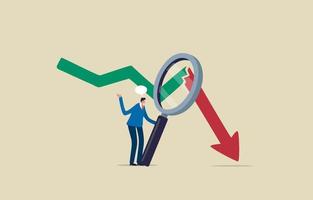 wirtschaftliche Rezession, Gewinn und Verlust, Wirtschaft und Finanzen, Krise. Rezessionsdaten und analysieren. geschäftsmannanalytiker verwendet lupe, um rote diagrammpfeile zu brechen. Illustration vektor