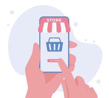 Online-Shopping-Shop mit mobilem Konzept. hand, die smartphone mit online-shop hält. Online-Shopping für Unternehmen und E-Commerce für Unternehmen vektor