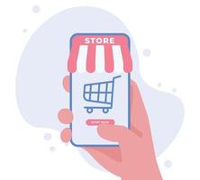 Online-Shopping-Shop mit mobilem Konzept. hand, die smartphone mit online-shop hält. Online-Shopping für Unternehmen und E-Commerce für Unternehmen vektor