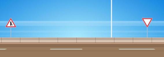 autobahnasphaltstraße und verkehrsschild auf der straße mit flacher vektorillustration des blauen himmels. vektor