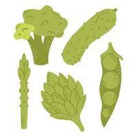 vektor uppsättning av platt grön grönsaker. samling av grönsaker broccoli, gurka, ärtor ,kronärtskocka, sparris. hand dragen stil isolerat på vit bakgrund. vektor illustration.