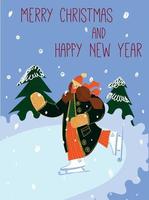 Weihnachtskarte mit einem Mädchen auf der Eisbahn. frau in warmer kleidung skatet. grußkarte für neujahr, einladung. flacher Stil, Vektorillustration. vektor