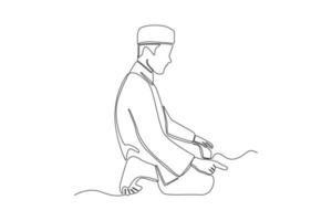 einzelne einzeilige zeichnung gebetsbewegung sitzend. Julius. Gebetsbewegungskonzept für Muslime. ununterbrochene Linie zeichnen grafische Vektorillustration des Designs. vektor