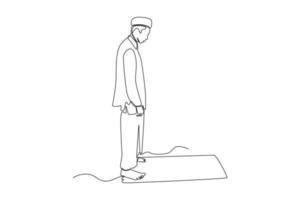 einzelne eine Linie zeichnende stehende Gebetsbewegung. Salah-Gebet für Männer. Gebetsbewegungskonzept für Muslime. ununterbrochene Linie zeichnen grafische Vektorillustration des Designs. vektor