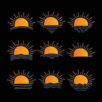 uppsättning av Sol ikon hand dragen sommar soluppgång solnedgång solsken Sol logotyp ikon hav hav Sol isolerat vektor illustration