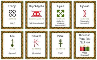 en uppsättning av kort med sju tecken av de kwanzaa principer. symbol med namn i swahili och beskrivning. affisch med ett etnisk afrikansk mönster i traditionell färger. vektor illustration