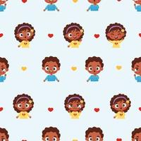 sömlös barns mönster. söt svart pojke och flicka i platt tecknad serie stil med annorlunda känslor - glädje, lycka, ilska och tårar på ljus blå bakgrund. vektor illustration. söt barn samling.