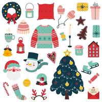 jul element uppsättning. jul träd och krans, santa claus, godis, värma kläder, snögubbe och Övrig. vinter- samling isolerat på vit bakgrund. vektor