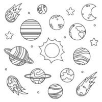 Sonnensystem-Doodles isoliert auf weißem Hintergrund. Planeten, Asteroiden, Kometen, Sterne, Sonne und Mond. vektor