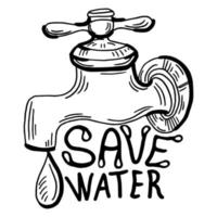 Tippen Sie auf Tropfen, sparen Sie Wasser, retten Sie Leben, handgezeichnete Skizzenvektorillustration. vektor