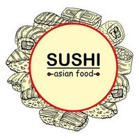hand dragen sushi och rullar ram. färgad cirkel logotyp vektor