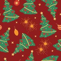 Weihnachten Musterdesign mit Weihnachtsbaum, Wunderkerzen und Ornamenten auf rotem Hintergrund. flache illustration des vektors mit feiertag, neujahrselementen vektor