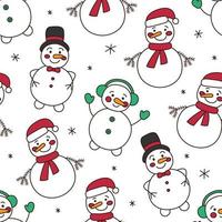 sömlös mönster med annorlunda söt snowmen i en hatt, jul hatt, hörlurar, vantar, scarf i klotter stil på vit bakgrund. vektor illustration för vinter, ny år