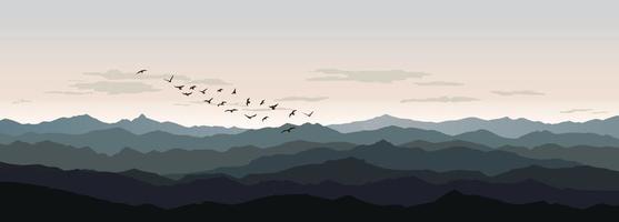 lantlig natur landskap. fågel flygande silhuett över kullar och himmel bakgrund. djur- vilda djur och växter berg horisont. tillflykt se bakgrund vektor
