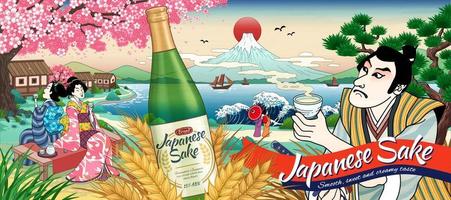 Japanische Sake-Anzeigen im Ukiyo-E-Stil mit Menschen, die Reiswein trinken vektor