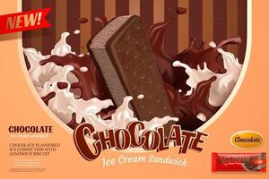 Vanille-Schokoladeneis-Werbung mit spritzender Sauce auf gestreiftem Hintergrund in 3D-Darstellung vektor