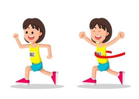 kleines Mädchen erreichte die Ziellinie und gewann den Marathon-Wettbewerb vektor