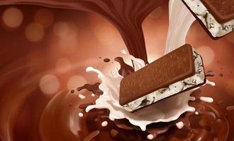 Eis-Sandwich-Plätzchen mit strömender Milch und Schokolade auf Bokeh-Hintergrund in 3D-Darstellung vektor