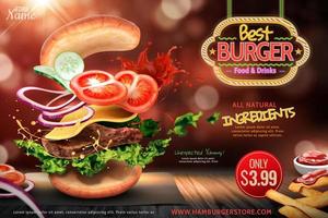 köstliche hamburger-anzeigen mit zutaten, die in der luft auf bokeh-glitzerhintergrund in 3d-illustration fliegen vektor