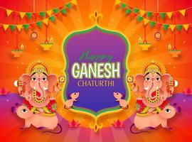 ganesh chaturthi festival med hindu Gud ganesha ridning på mushika, orange randig bakgrund vektor