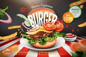 Köstliche Hamburger-Anzeigen mit Zutaten, die in der Luft auf Tafelhintergrund in 3D-Illustration fliegen vektor