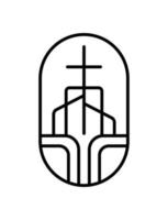 religion linje korsa på byggnad kyrka vektor logotyp ikon illustration isolerat. Jesus christ på calvary är Centrum kristendomen. Gud förlåtelse för människor