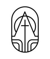 religion linje korsa, och byggnad. alfa och omega. helig Gud komma till människor. vektor logotyp kyrka ikon illustration isolerat. Jesus christ på calvary är Centrum kristendomen