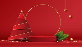 podiumform für die ausstellung von kosmetischen produkten für weihnachten oder neujahr. stehen produktschaufenster auf rotem hintergrund mit baum weihnachten. Vektordesign. vektor
