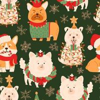 jul hundar, gåvor och snöflingor vektor sömlös mönster. söt valp klädd i jul kostymer, snö, presenterar med Semester dekorationer. vinter, ny år festlig textur.