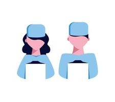 Arzt-Aufkleber-Symbol in blauer Form. Mann und Ärztin im flachen Stil. Patientenmappe zur Hand. Vektor-Illustration vektor