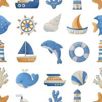 nautisches nahtloses Muster. handgezeichneter aquarell mariner babyhintergrund für kinderzimmerdruck, kinderstoff, textil. vektor