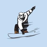 Person, die Snowboard fährt. Snowboarder in Aktionsvektorillustration. Extremer Wintersport. Snowboard-Emblem. Logo des Sportvereins. Snowboardausrüstung. vektor