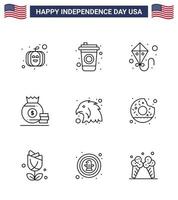 4:e juli USA Lycklig oberoende dag ikon symboler grupp av 9 modern rader av runda Örn flygande fågel amerikan redigerbar USA dag vektor design element