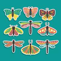handgezeichneter Schmetterlings- und Libellentierfrühlingsaufkleber vektor