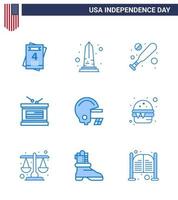 Stock Vektor Icon Pack von American Day 9 Zeilenzeichen und Symbolen für Helm American Baseball Independence Day Urlaub editierbare Usa Day Vektor Design Elemente