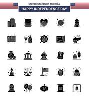 Happy Independence Day Pack mit 25 soliden Glyphen-Zeichen und Symbolen für den Bau von Party-Herz-Grill-Barbecue-bearbeitbaren USA-Tag-Vektor-Design-Elementen vektor