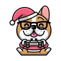 Eine süße französische Bulldogge mit Weihnachtsmütze spielt ein Videospiel vektor